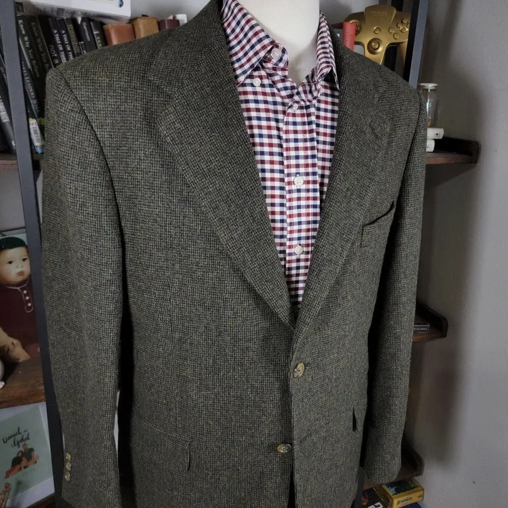 VTG Club House Men's Flannel Sport Coat Blazer‎ Two Button Green Brown Size 42R